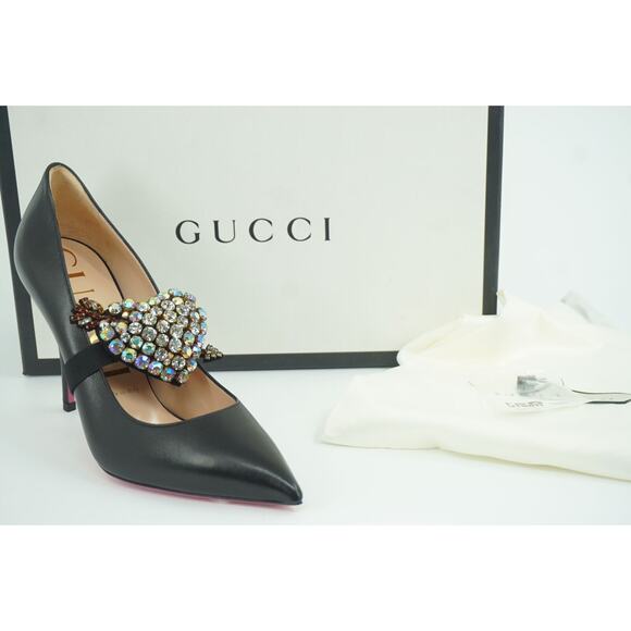 Gucci Black Leather Virginia 95 Crystal Heart Pump Size 38 NIB $1280 Pointy - Picture 1 of 12